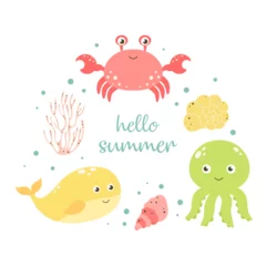 Fototapete Meeresleben hello summer marine print with sea animals