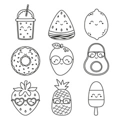 set of outline fruit and food characters isolated on white