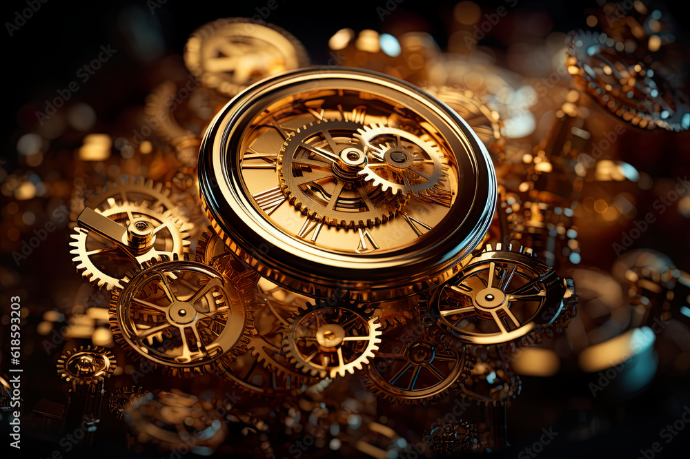 Poster a close up of a clock surrounded by gears. generative ai.