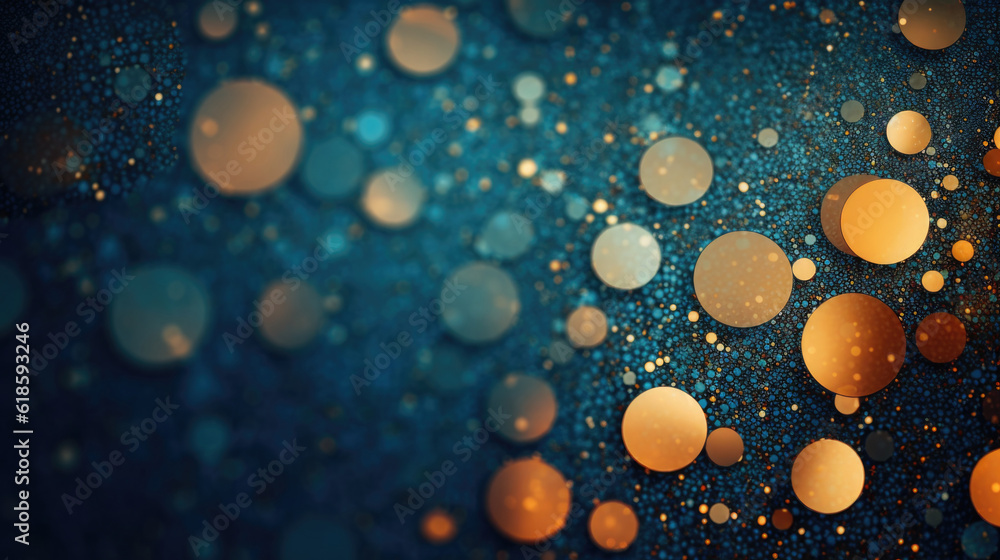 Poster background with abstract sparkles on blue background. golden glitter particles on dark background. a