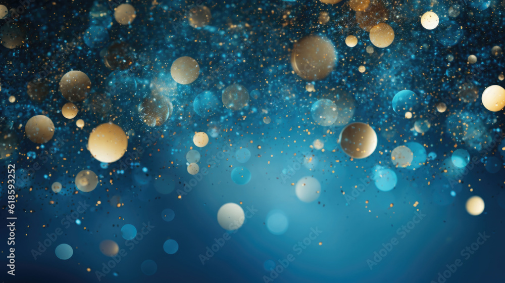 Poster background with abstract sparkles on blue background. golden glitter particles on dark background. a