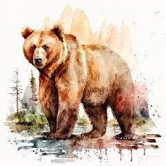 brown bear drawn with watercolors isolated on white background. Generated by AI.