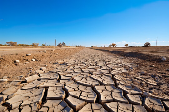 Drought, dry cracker earch on fields hit by lack of rain outside a large city.