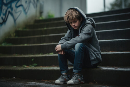 Depressed school boy sitting alone at stairs. Victim of school bullying. Stress and mental problem in childhood. Created with Generative AI