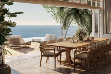 Generative AI illustration of dining room with luxury table and chairs overlooking the ocean with natural light.