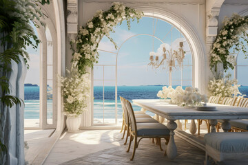 Fototapeta na wymiar Generative AI illustration of dining room with luxury table and chairs overlooking the ocean with natural light.