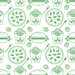 Vector pattern depicting fast food, hamburgers, onion rings, shrimp, lettuce. A set of fast food drawings on a white background. Ideal for menu design or food packaging.