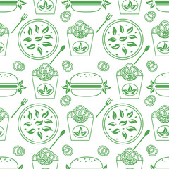 Vector pattern depicting fast food, hamburgers, onion rings, shrimp, lettuce. A set of fast food drawings on a white background. Ideal for menu design or food packaging.