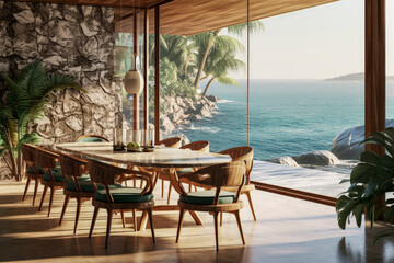 Generative AI illustration of dining room with luxury table and chairs overlooking the ocean with natural light.