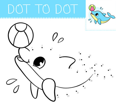 Dot to dot game coloring book with dolphin with ball for kids. Coloring page with cute cartoon dolphin. Connect the dots vector illustration.