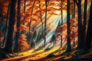 Naklejka premium Nature landscape of forest, painting, Generative AI illustrations