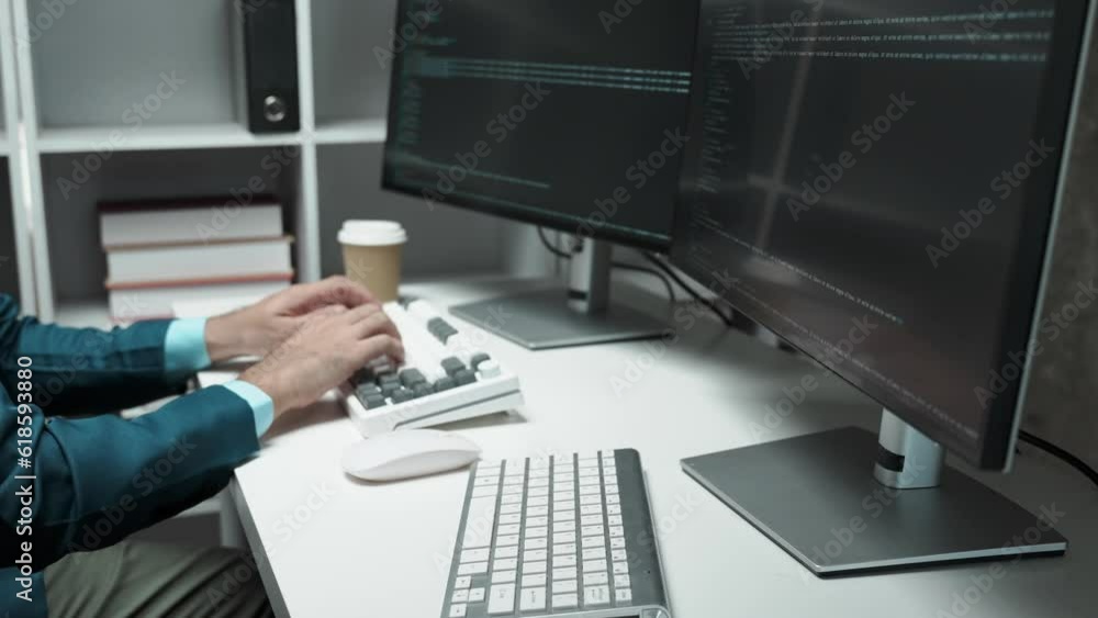 Poster Asian IT Programmer Working on Desktop Computer. Male Specialist Creating Innovative Software. Engineer Developing App, Program.