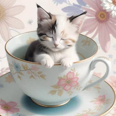 Poster 花柄のティーカップの中で眠っている三毛猫 Generative AI © Emm by Emily Fiore
