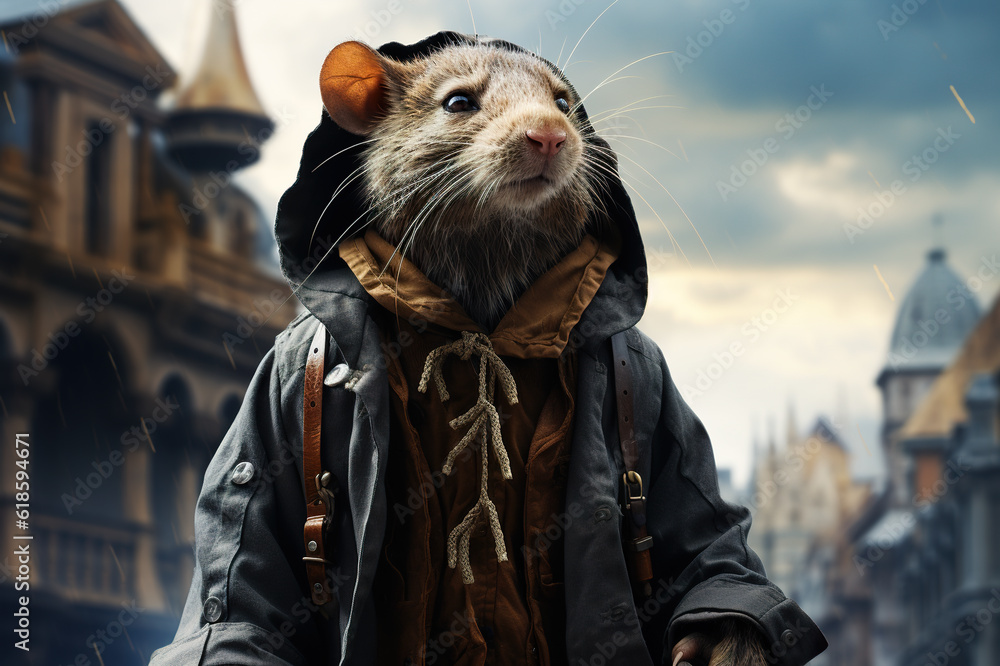 Poster a rat in a jacket and hat standing in front of a building. generative ai.