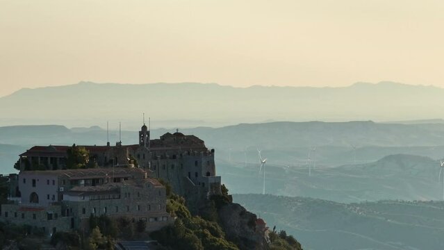 Aerial view Stavrovouni monastery Cyprus. Tourist and religious pilgrimage town in the mountains on the island. High quality 4k footage