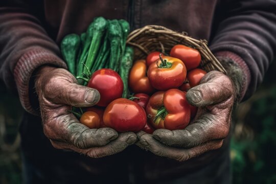 A close-up shot of a farmer's weathered hands holding a handful of fresh, organic produce, emphasizing the connection between the farmer and the quality of the food. Generative AI