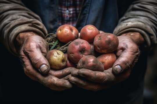 A close-up shot of a farmer's weathered hands holding a handful of fresh, organic produce, emphasizing the connection between the farmer and the quality of the food. Generative AI