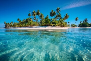 Fototapeta na wymiar Vibrant image of a tropical island with lush palm trees, white sandy beaches, and clear blue skies, representing paradise and relaxation. Generative AI