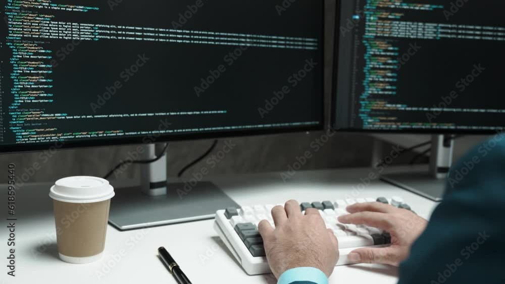 Poster Asian IT Programmer Working on Desktop Computer. Male Specialist Creating Innovative Software. Engineer Developing App, Program.
