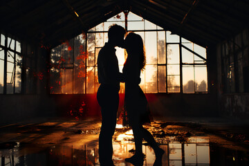 Obraz na płótnie Canvas A man and a woman kissing in a building. Generative AI.
