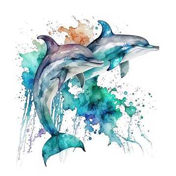 dolphins drawn with watercolors isolated on white background. Generated by AI.