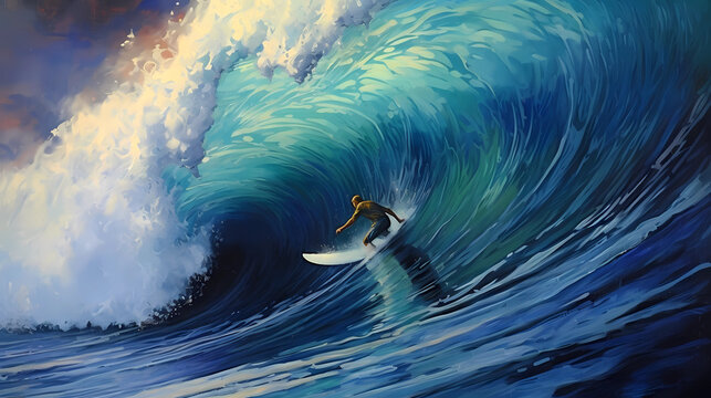 Illustration of a surfer on the background of the ocean
