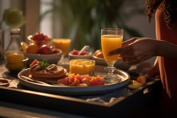 A morning routine scene with a tray of breakfast items, featuring a prominently placed glass of orange juice, showcasing its role as a vital part of a well-balanced meal. Generative Ai