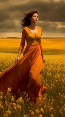 Obraz premium beautiful young woman in a dress walks through the field. painting