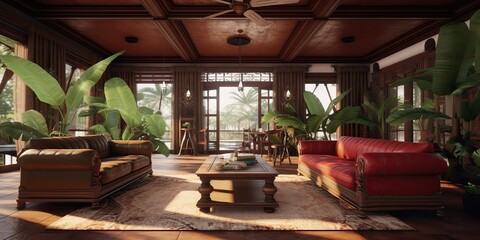 Obraz na płótnie Canvas AI Generated. AI Generative. Inside design architecture interior forest jungle house room with luxury elegant design. Graphic Art