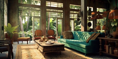 AI Generated. AI Generative. Inside design architecture interior forest jungle house room with luxury elegant design. Graphic Art