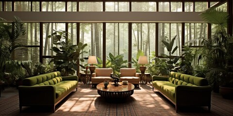 Fototapeta premium AI Generated. AI Generative. Inside design architecture interior forest jungle house room with luxury elegant design. Graphic Art