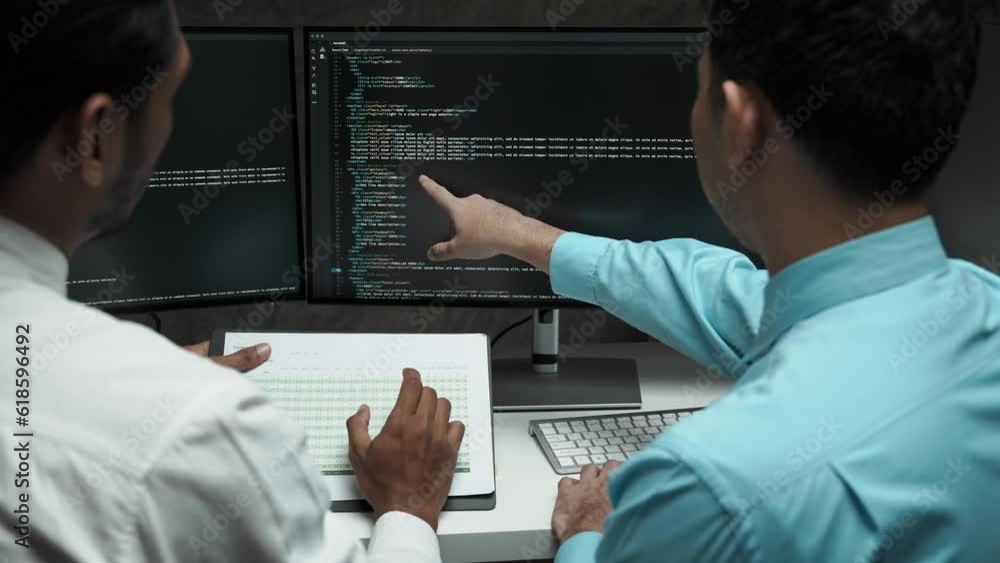 Poster Asian IT Programmer Working on Desktop Computer. Male Specialist Creating Innovative Software. Engineer Developing App, Program.