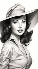 Pencil drawing of a young beautiful woman in a hat