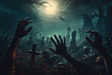 zombie hand rising out of a graveyard in spooky night. Halloween background