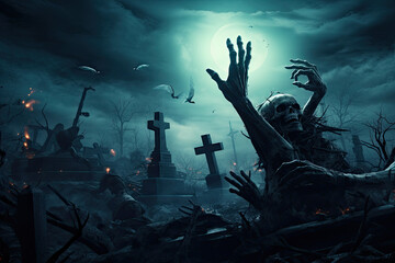 zombie hand rising out of a graveyard in spooky night. Halloween background - obrazy, fototapety, plakaty