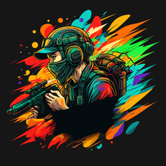 Masked Arsoft player soldier at the ready with weapon in hand. Cartoon vector illustration.
