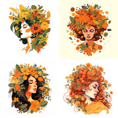 Woman with make up and watercolor orange flower clipart 
