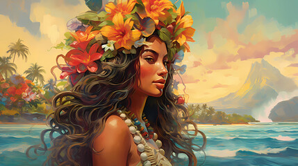 Illustration of traditional hawaiian lifestyle on an island, Hawaii, USA - obrazy, fototapety, plakaty