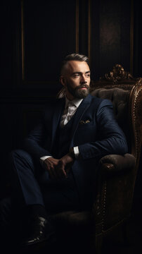 a man in an expensive suit sits in a chair
