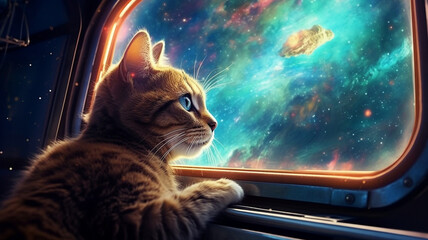 Kosmiczny Kot Patrzący na Galaktykę ze Statku Kosmicznego - obrazy, fototapety, plakaty