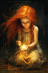 A girl kneeling holding a light in her hand