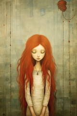 A sad whimsical girl with red hair and her eyes closed standing