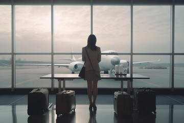 Young woman at the airport window looking to the planes