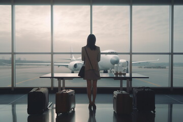 Fototapeta premium Young woman at the airport window looking to the planes
