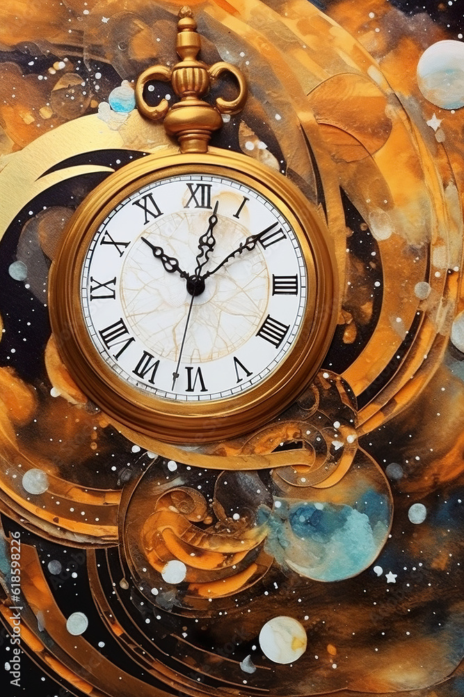 Aufkleber a painting of a clock with a gold swirl around it. generative ai.