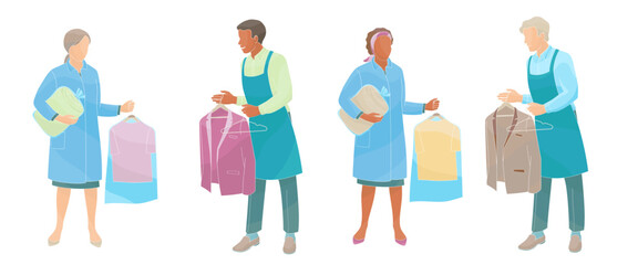dry Cleaning and laundry service staff smiling characters  in uniform color vector illustration