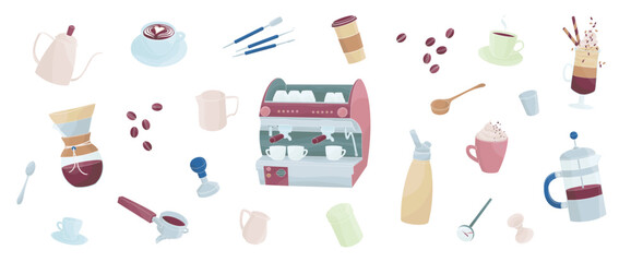 set equipment tools for barista and making coffee color  vector illustration