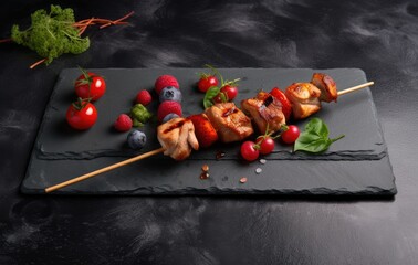 Kebabs - grilled meat skewers, shish kebab with vegetables on black wooden background. Created with Generative AI technology.