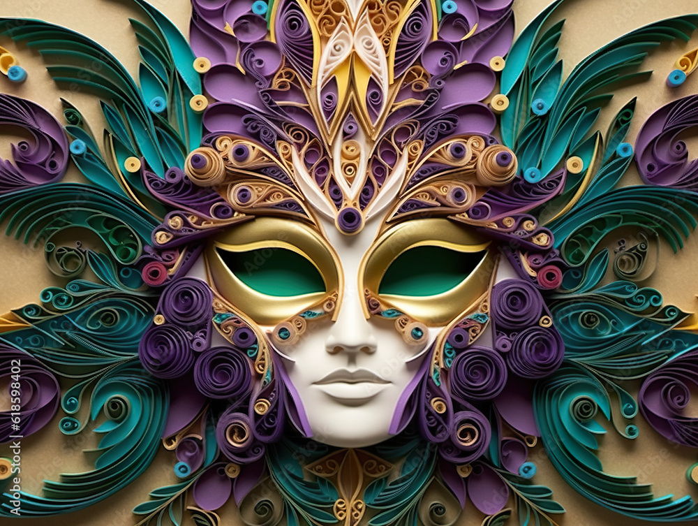 Poster a colorful mask with feathers and feathers on it. generative ai.