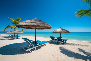Fototapeta na wymiar Umbrellas and chaise longues perfect beach with blue transparent sea